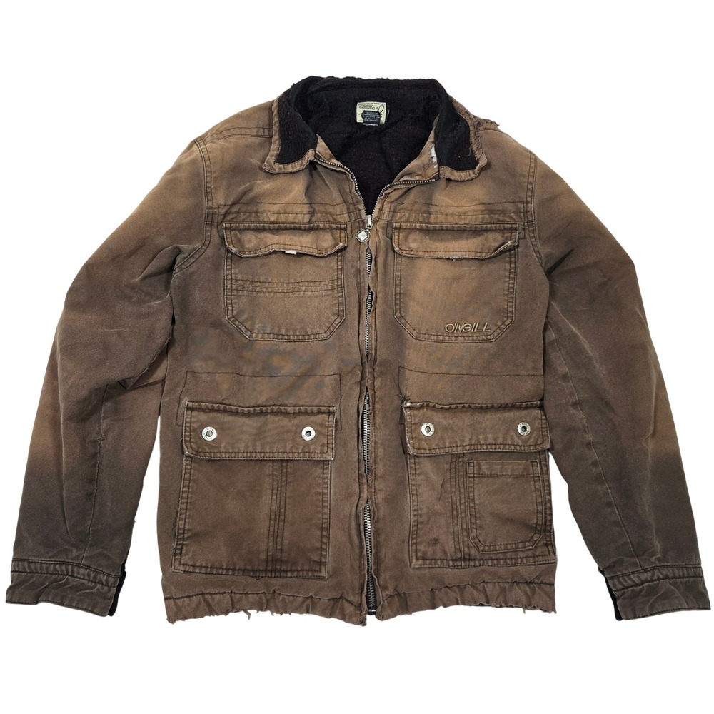 ONeill Canvas Chore Jacket Mens Small Brown Sherpa Lined Thrashed Workwear Coat
